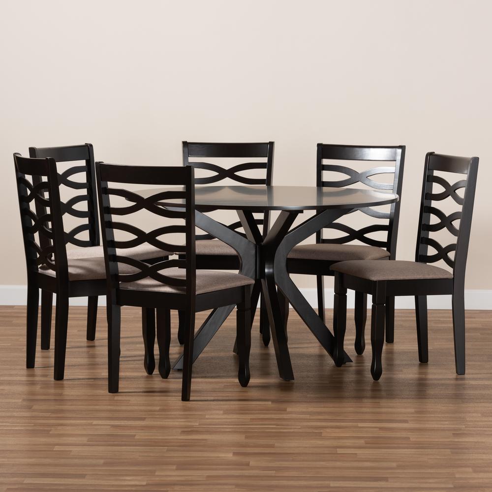 Sand Fabric Upholstered Dark Brown Finished Wood 7-Piece Dining Set. Picture 17