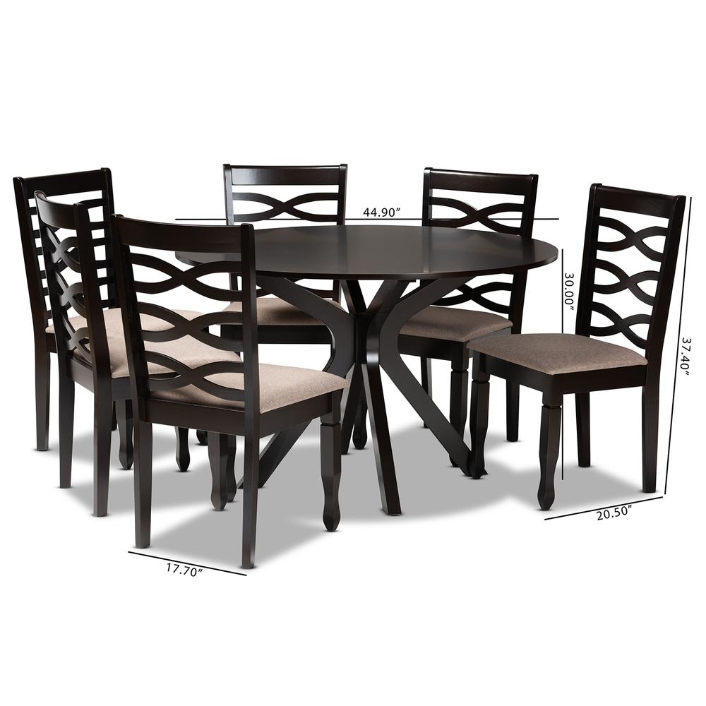 Sand Fabric Upholstered Dark Brown Finished Wood 7-Piece Dining Set. Picture 18