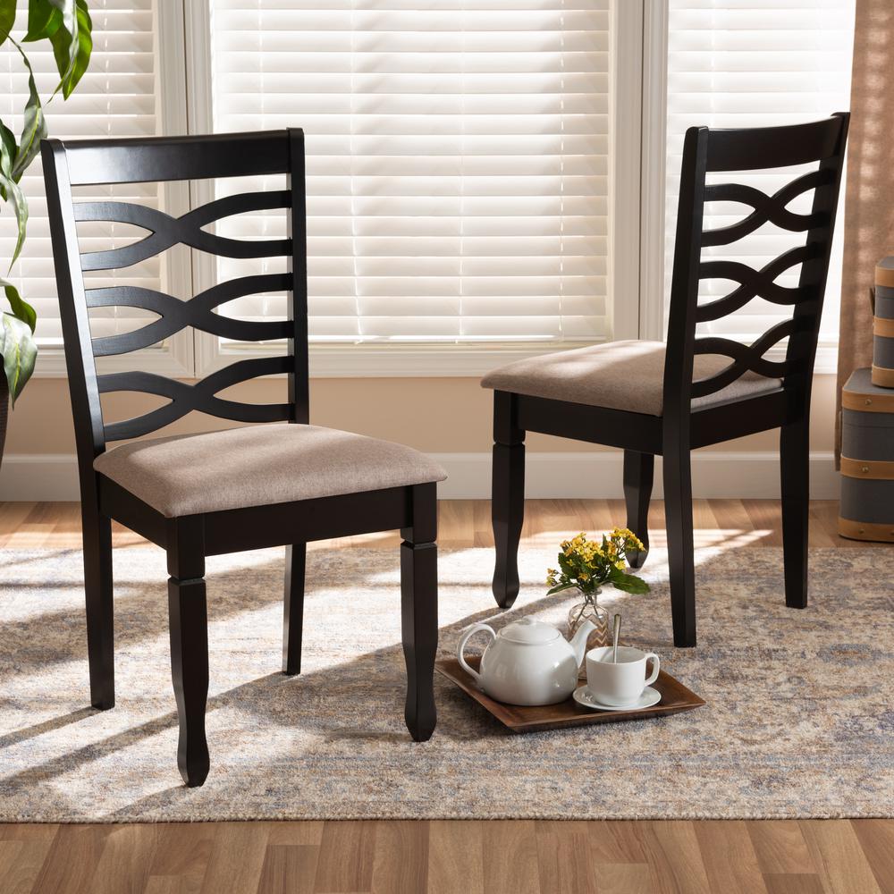 Sand Fabric Upholstered Dark Brown Finished 2-Piece Wood Dining Chair Set. Picture 14