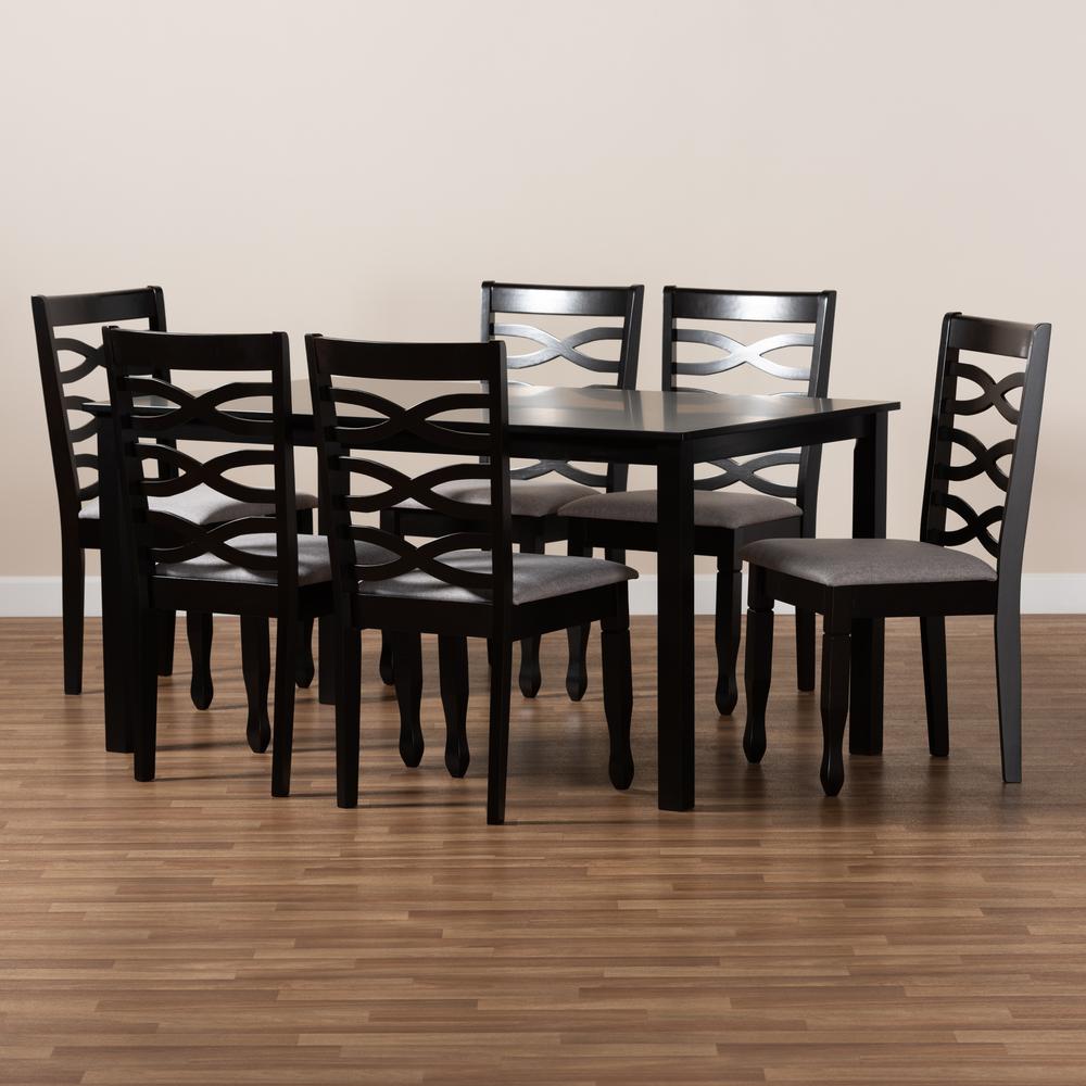 Grey Fabric Upholstered and Dark Brown Finished Wood 7-Piece Dining Set. Picture 17