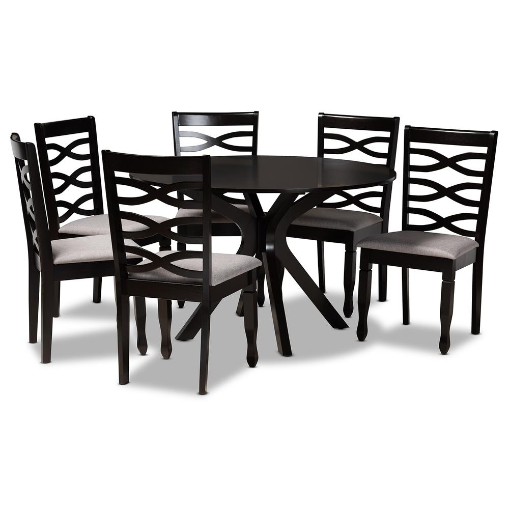 Grey Fabric Upholstered and Dark Brown Finished Wood 7-Piece Dining Set. Picture 10