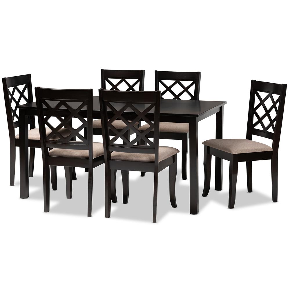 Sand Fabric Upholstered Dark Brown Finished 7-Piece Wood Dining Set. Picture 10