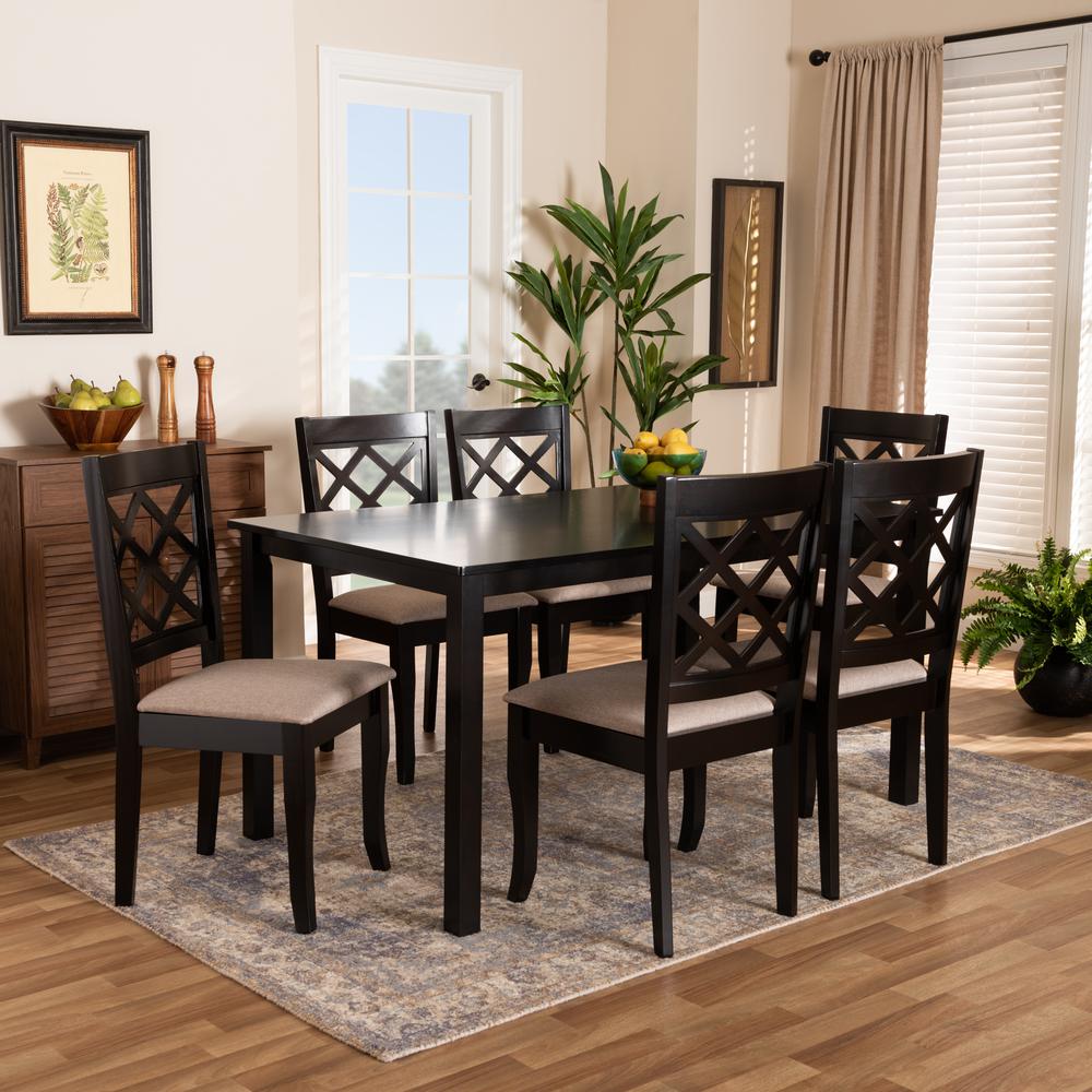Sand Fabric Upholstered Dark Brown Finished 7-Piece Wood Dining Set. Picture 16