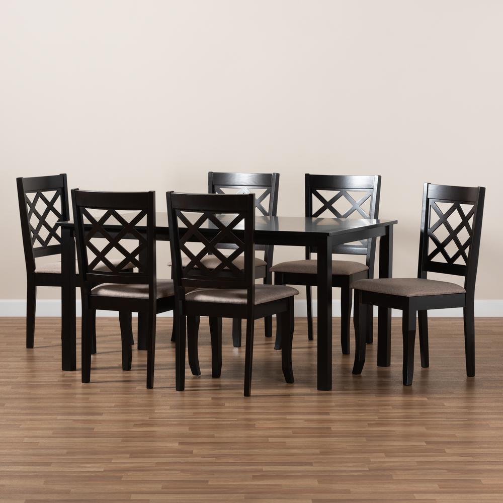 Sand Fabric Upholstered Dark Brown Finished 7-Piece Wood Dining Set. Picture 17
