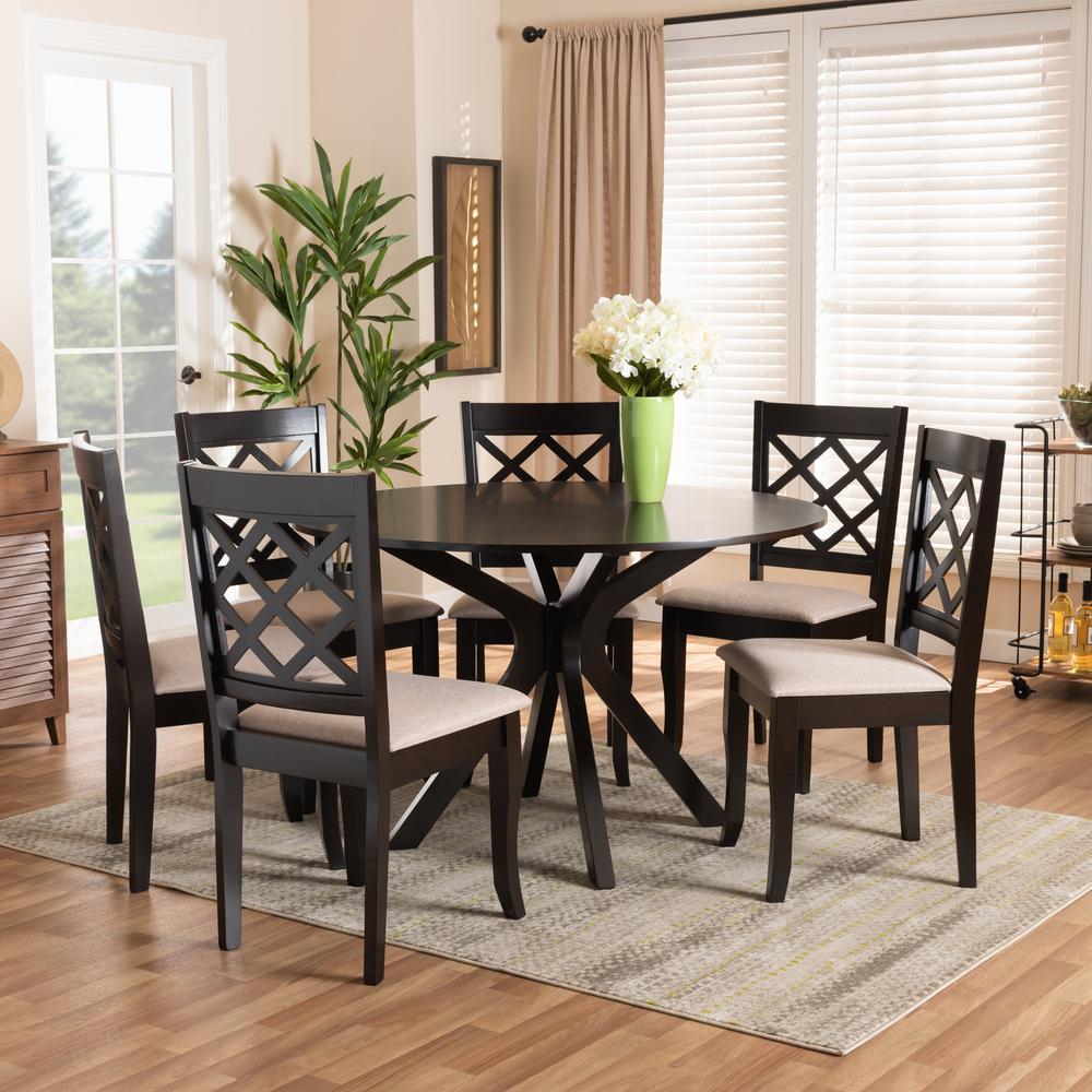 Sand Fabric Upholstered and Dark Brown Finished Wood 7-Piece Dining Set. Picture 16