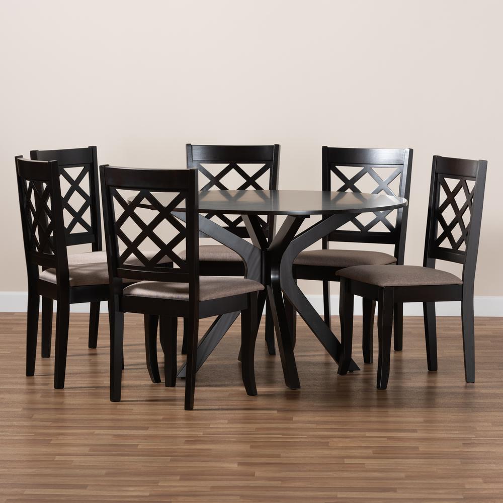 Sand Fabric Upholstered and Dark Brown Finished Wood 7-Piece Dining Set. Picture 17