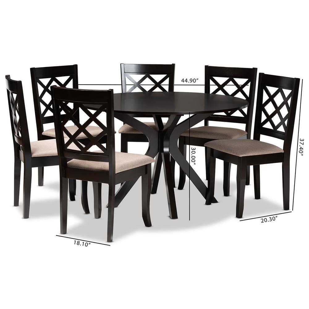 Sand Fabric Upholstered and Dark Brown Finished Wood 7-Piece Dining Set. Picture 18