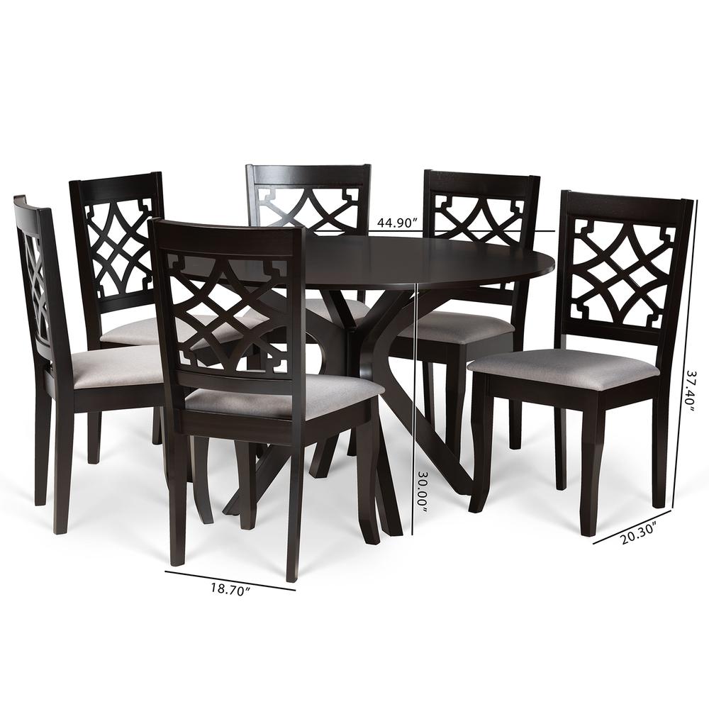 Grey Fabric Upholstered and Dark Brown Finished Wood 7-Piece Dining Set. Picture 18