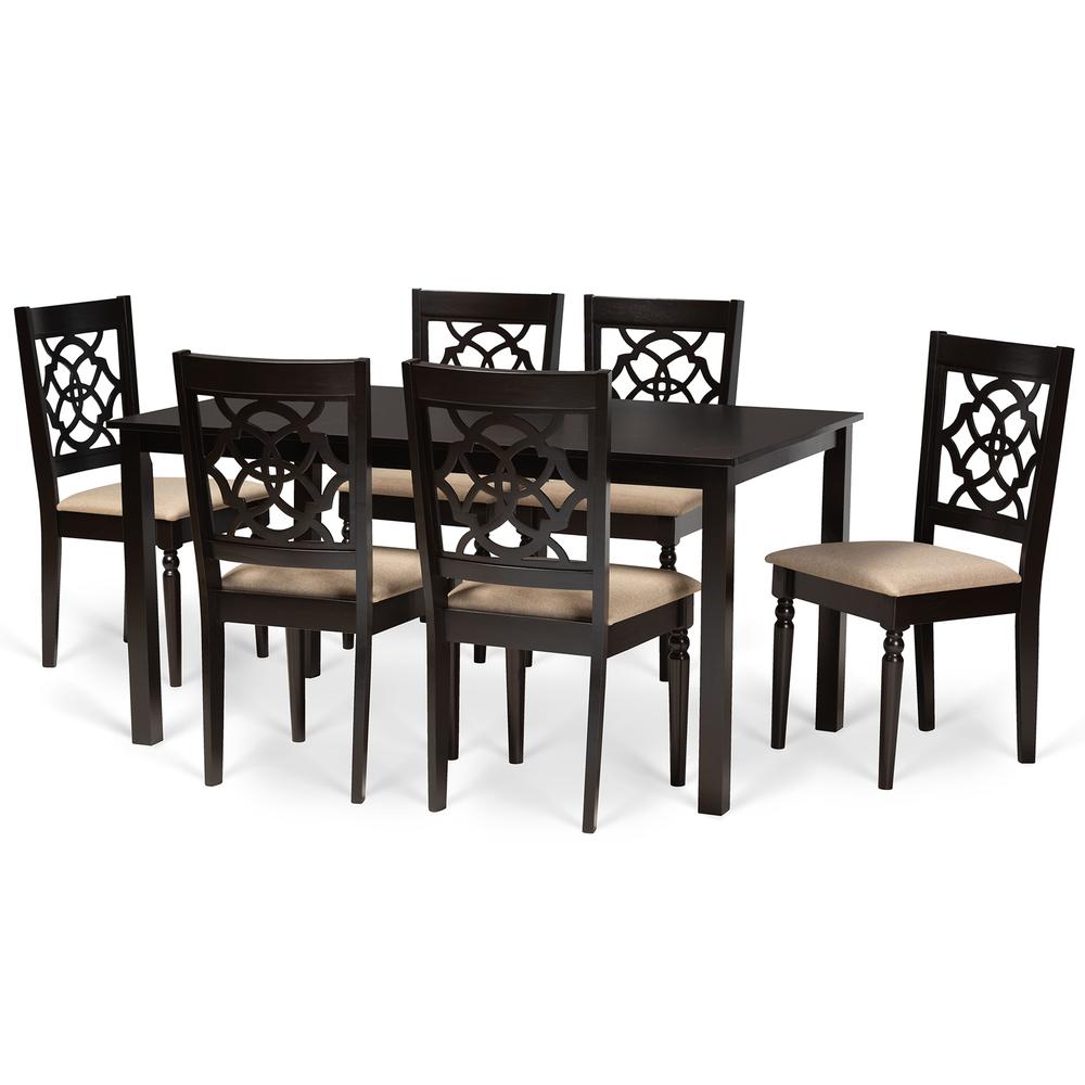 Sand Fabric Upholstered and Dark Brown Finished Wood 7-Piece Dining Set. Picture 10