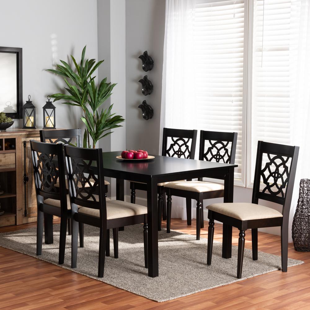 Sand Fabric Upholstered and Dark Brown Finished Wood 7-Piece Dining Set. Picture 16