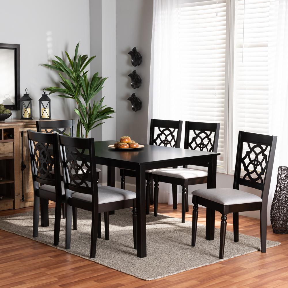 Grey Fabric Upholstered and Dark Brown Finished Wood 7-Piece Dining Set. Picture 16