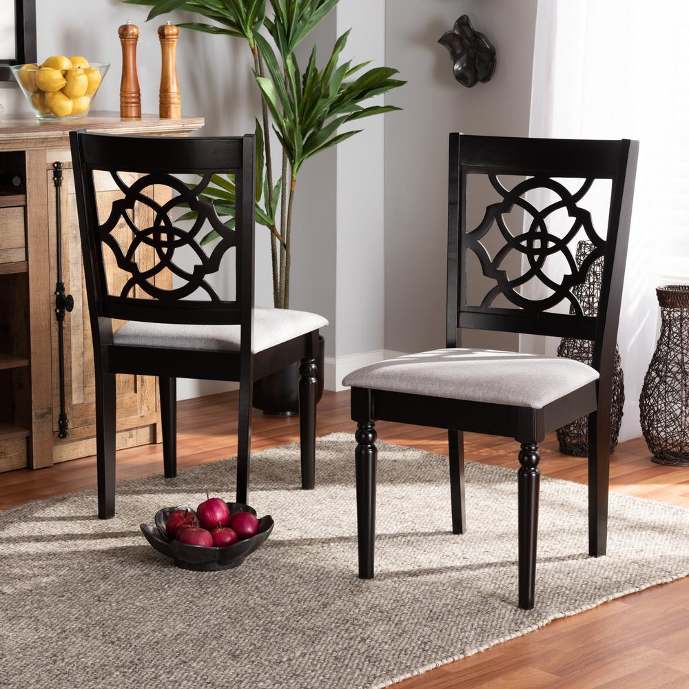 Grey Fabric Upholstered and Dark Brown Finished Wood 2-Piece Dining Chair Set. Picture 14