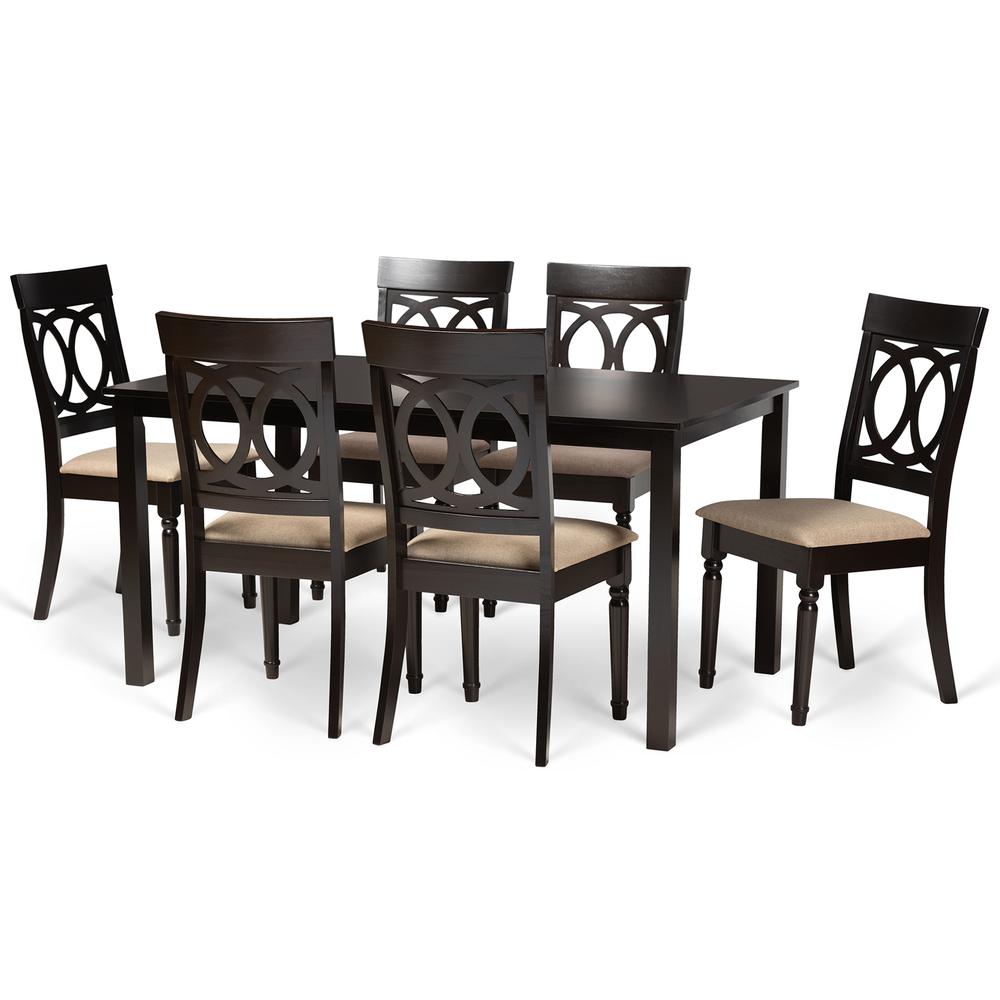 Sand Fabric Upholstered and Dark Brown Finished Wood 7-Piece Dining Set. Picture 10