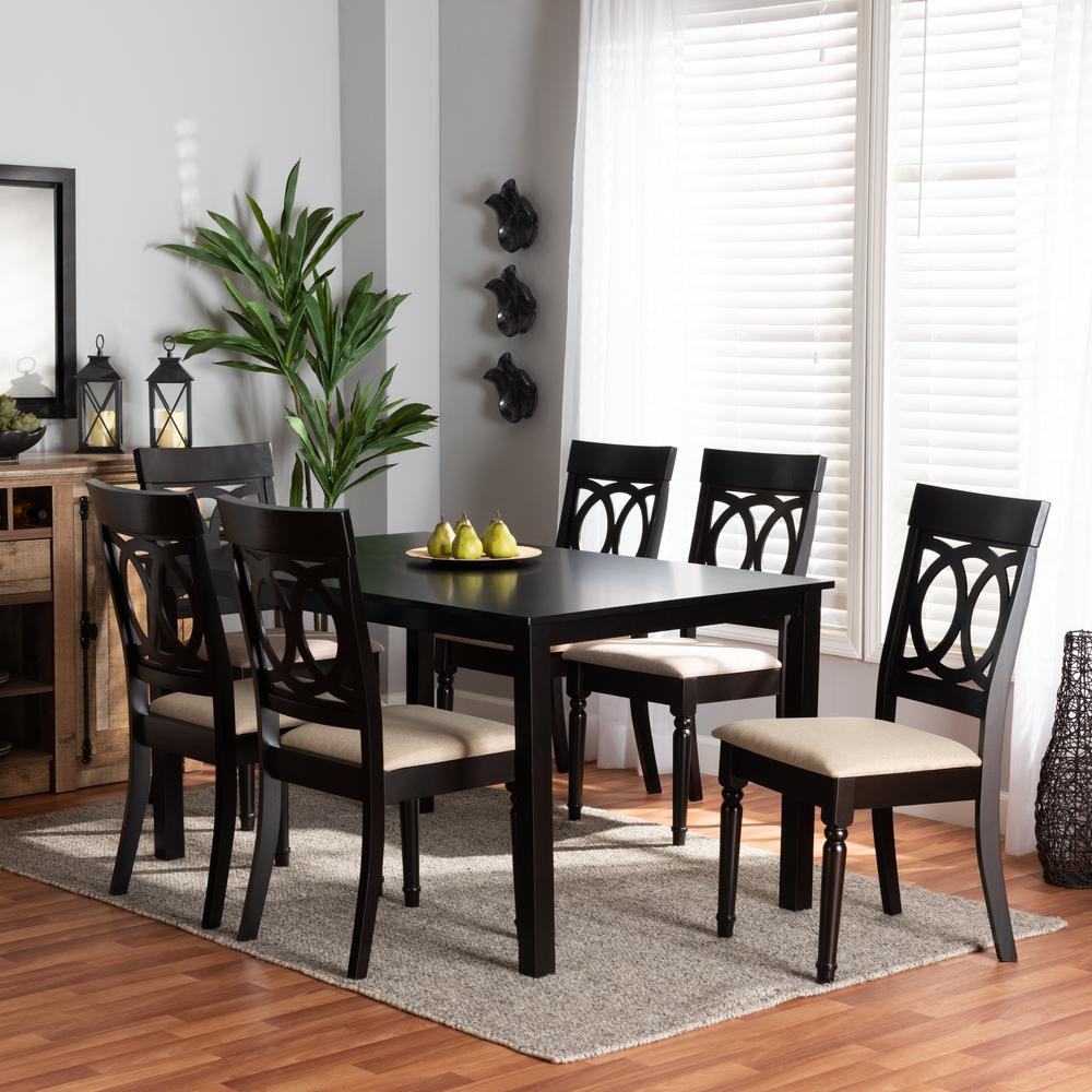 Sand Fabric Upholstered and Dark Brown Finished Wood 7-Piece Dining Set. Picture 16