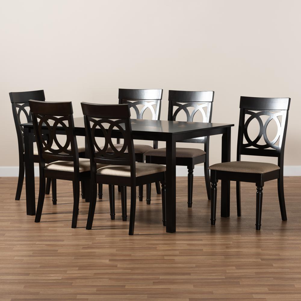 Sand Fabric Upholstered and Dark Brown Finished Wood 7-Piece Dining Set. Picture 17