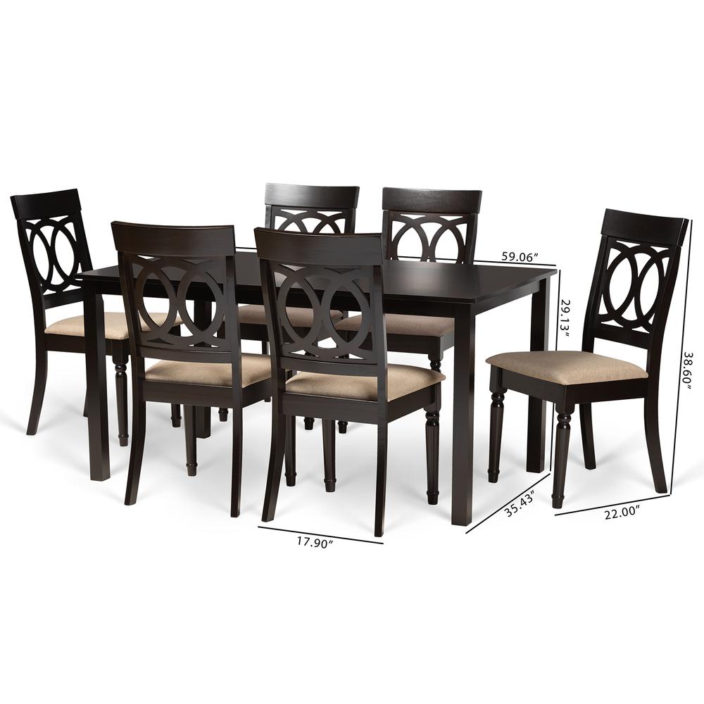 Sand Fabric Upholstered and Dark Brown Finished Wood 7-Piece Dining Set. Picture 18