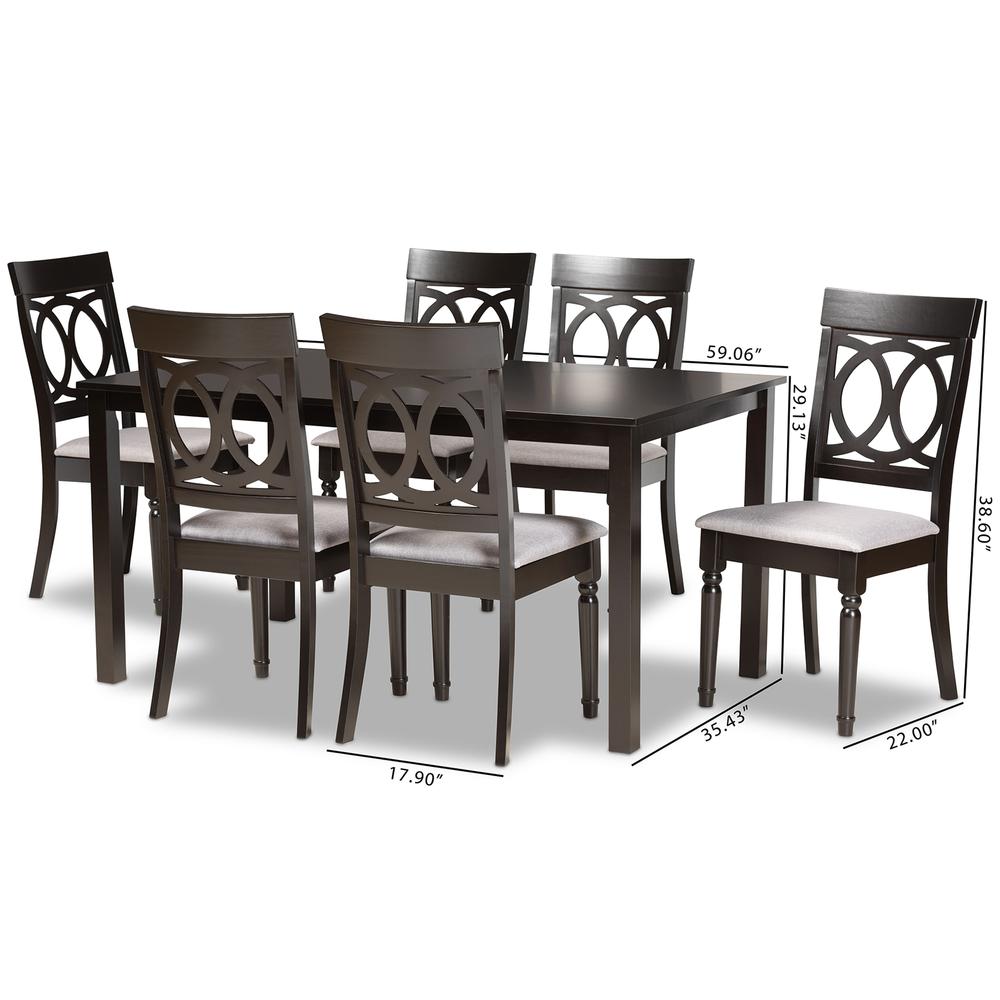 Grey Fabric Upholstered and Dark Brown Finished Wood 7-Piece Dining Set. Picture 18
