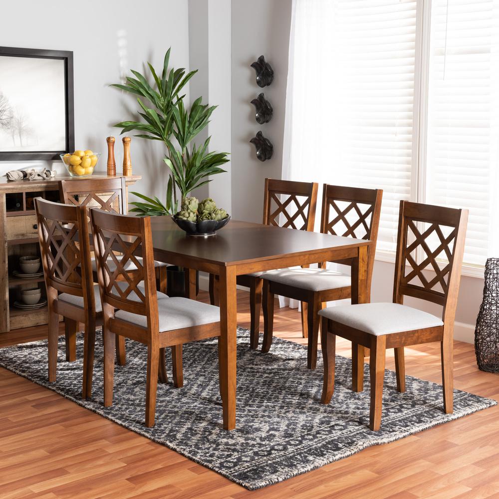 Grey Fabric Upholstered and Walnut Brown Finished Wood 7-Piece Dining Set. Picture 16