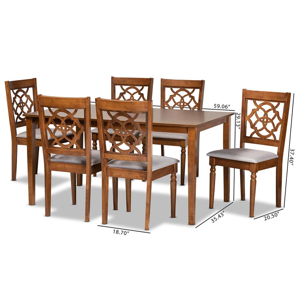 Grey Fabric Upholstered and Walnut Brown Finished Wood 7-Piece Dining Set. Picture 18