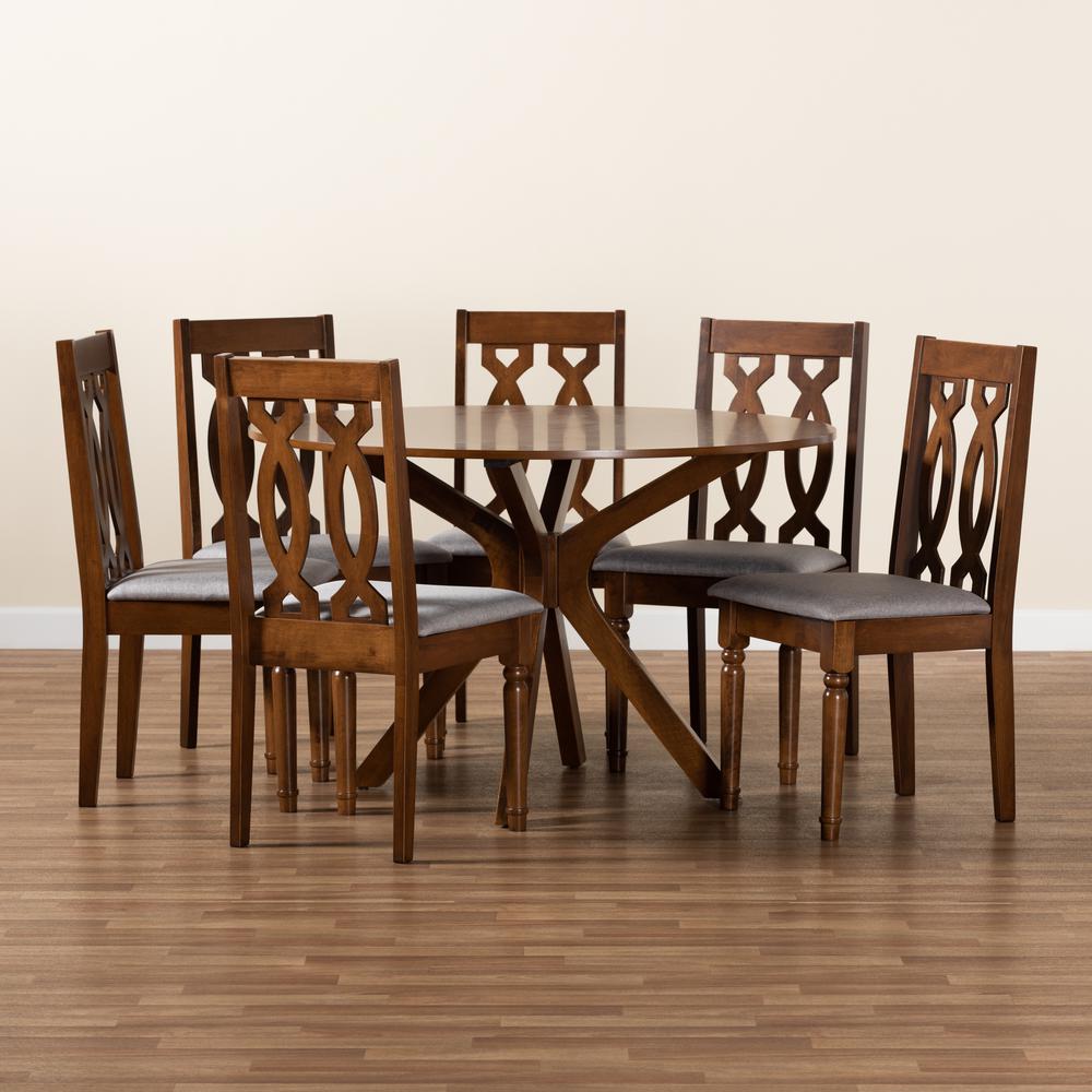 Grey Fabric Upholstered and Walnut Brown Finished Wood 7-Piece Dining Set. Picture 17