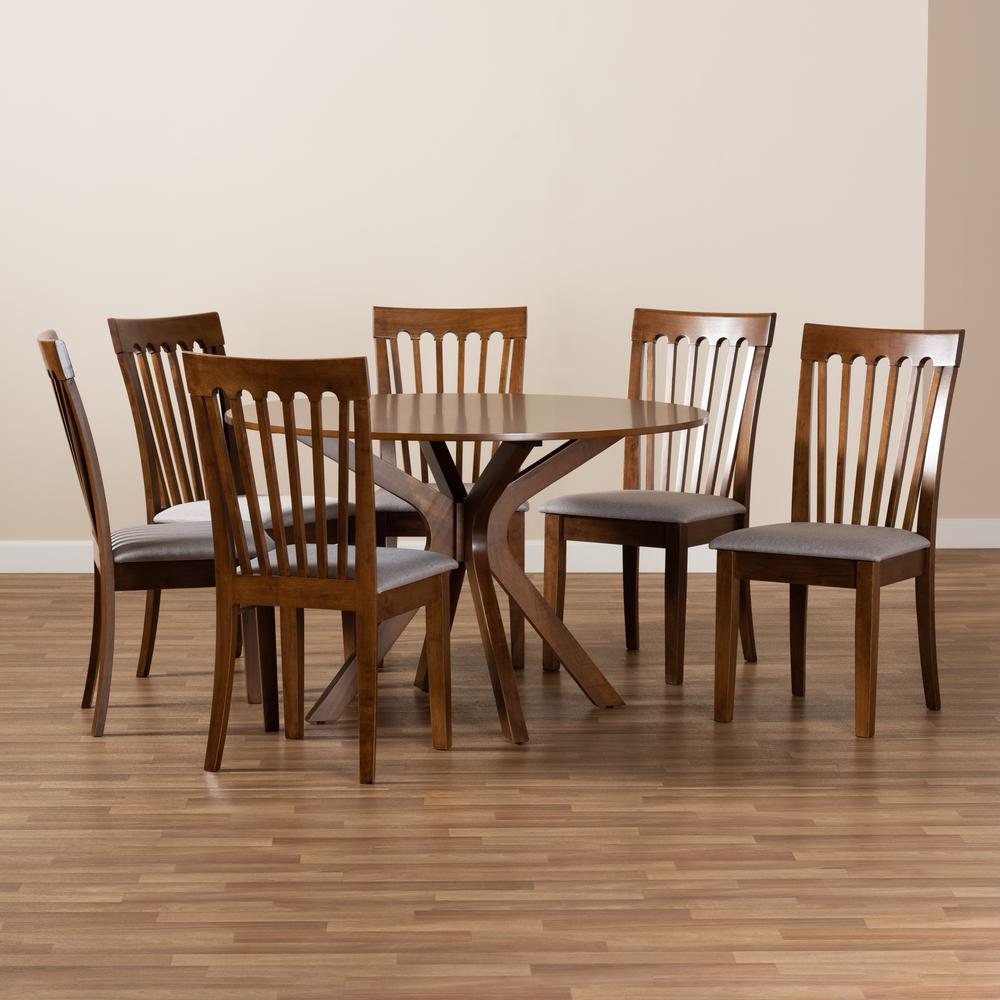 Grey Fabric Upholstered and Walnut Brown Finished Wood 7-Piece Dining Set. Picture 17