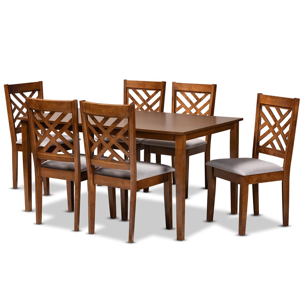 Grey Fabric Upholstered and Walnut Brown Finished Wood 7-Piece Dining Set. Picture 10