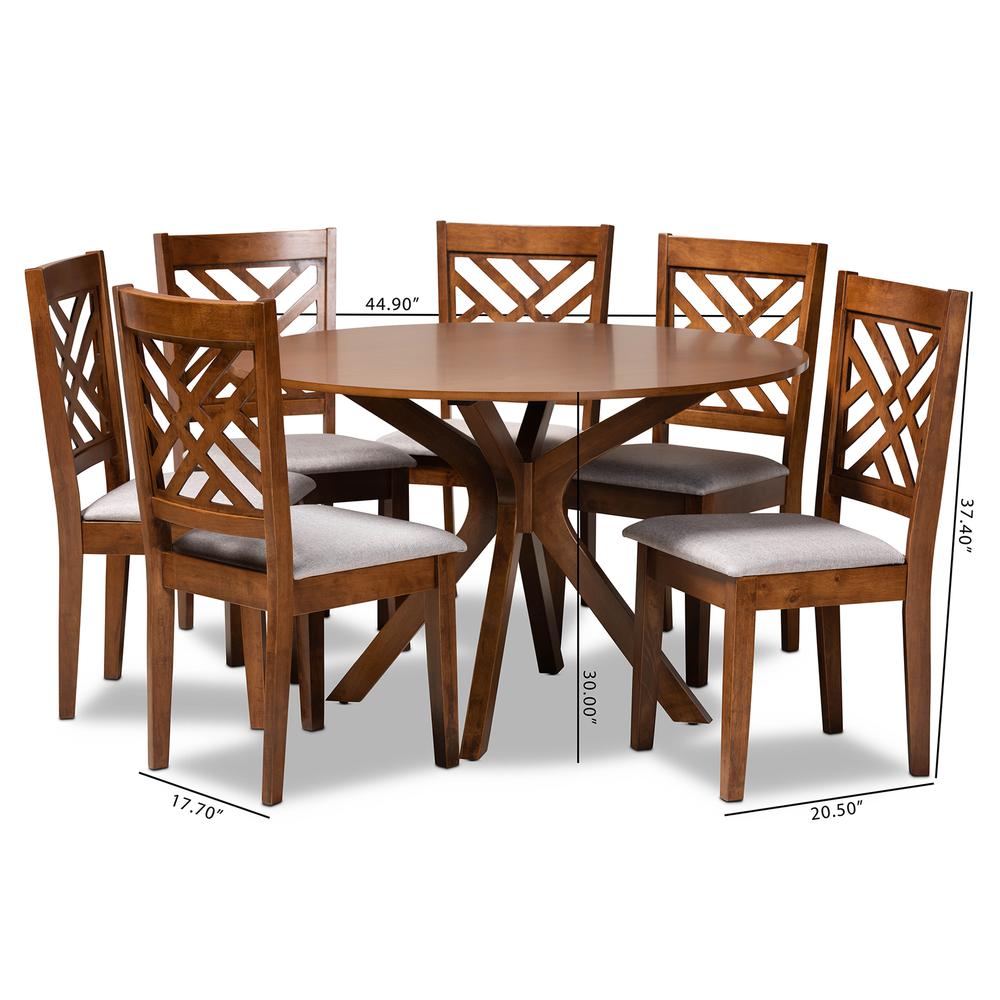Grey Fabric Upholstered and Walnut Brown Finished Wood 7-Piece Dining Set. Picture 18
