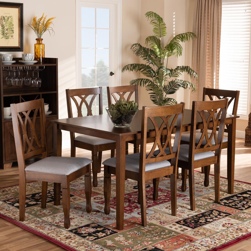 Grey Fabric Upholstered and Walnut Brown Finished Wood 7-Piece Dining Set. Picture 16
