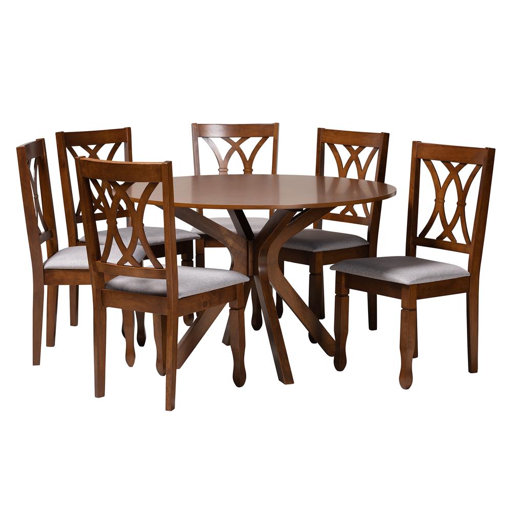 Maya Modern Grey Fabric and Walnut Brown Finished Wood 7-Piece Dining Set. Picture 11