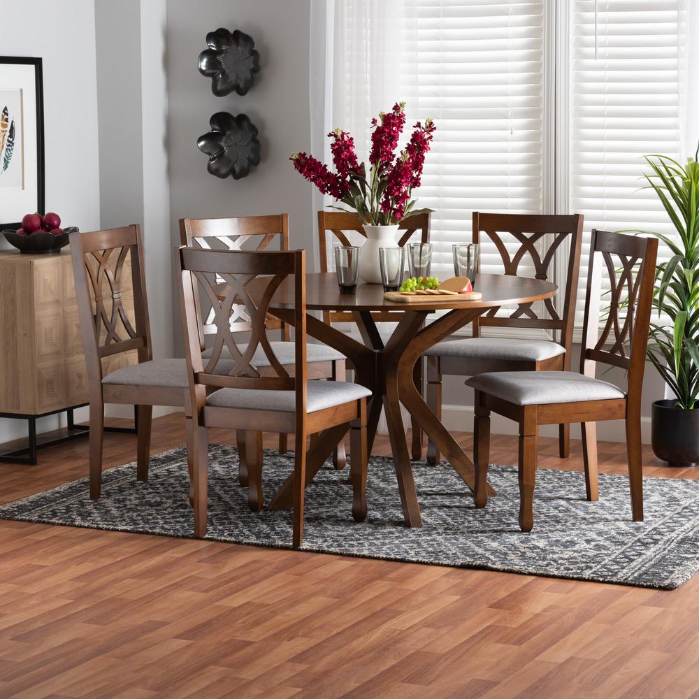 Maya Modern Grey Fabric and Walnut Brown Finished Wood 7-Piece Dining Set. Picture 18