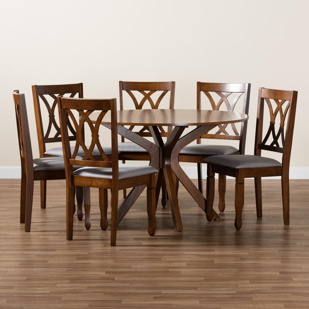 Maya Modern Grey Fabric and Walnut Brown Finished Wood 7-Piece Dining Set. Picture 19