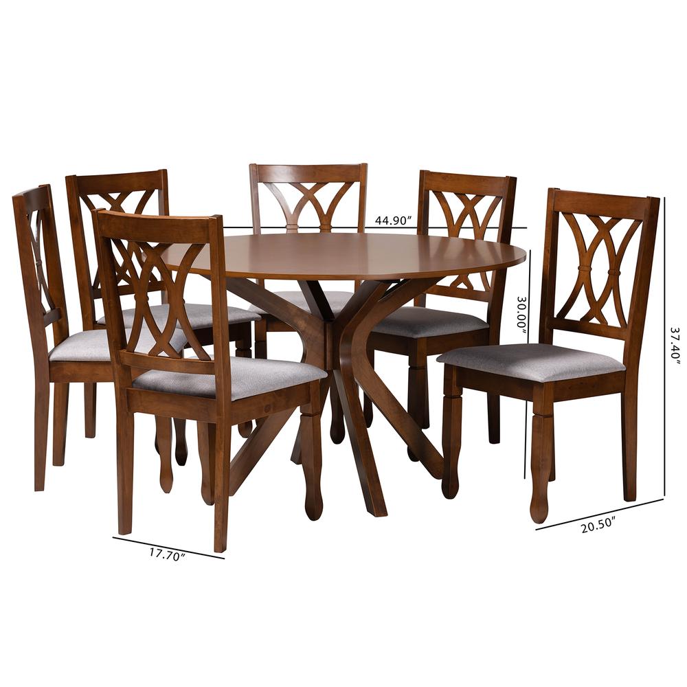 Maya Modern Grey Fabric and Walnut Brown Finished Wood 7-Piece Dining Set. Picture 20