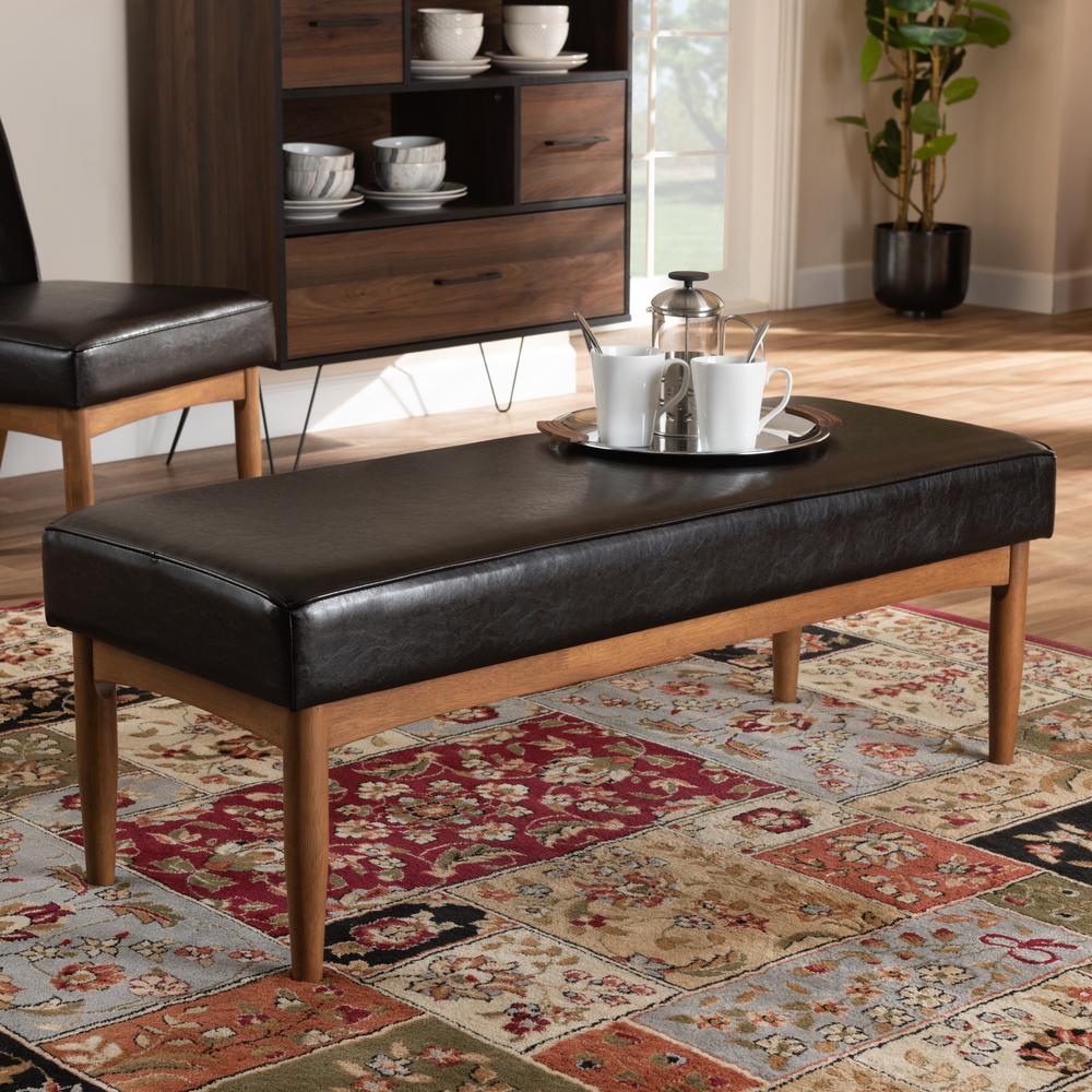 Arvid Mid-Century Modern Dark Brown Faux Leather Upholstered Wood Dining Bench. Picture 14