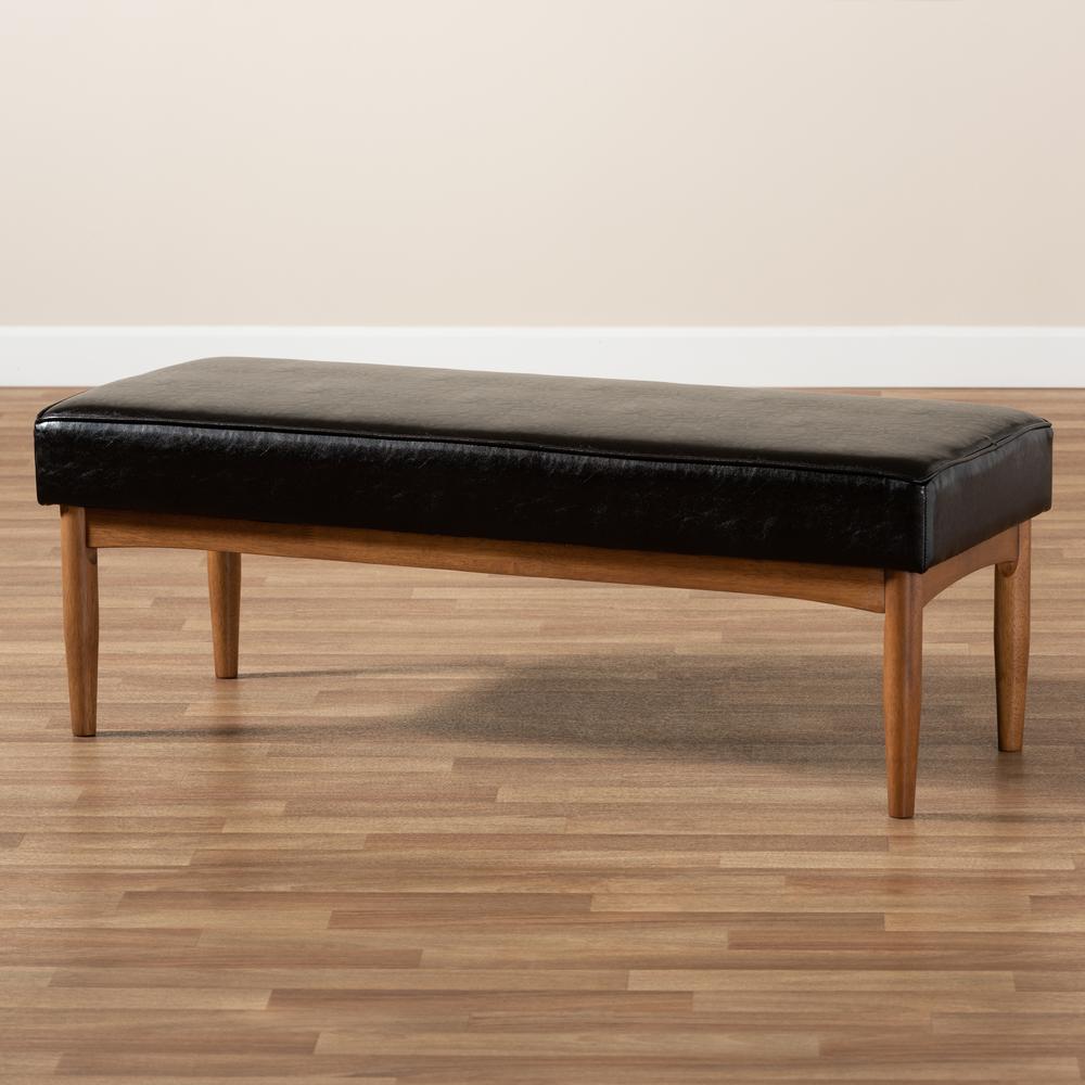 Arvid Mid-Century Modern Dark Brown Faux Leather Upholstered Wood Dining Bench. Picture 15