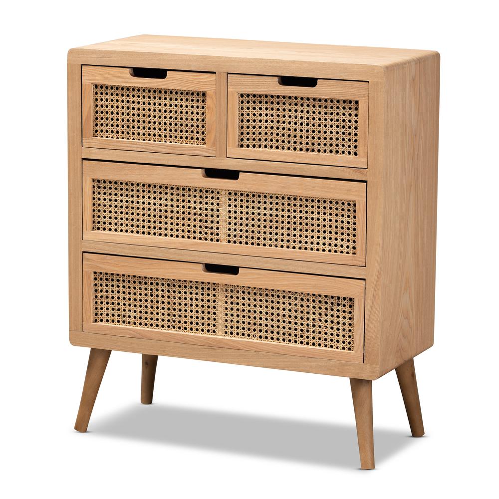 Medium Oak Finished Wood and Rattan 4-Drawer Accent Storage Cabinet. Picture 10