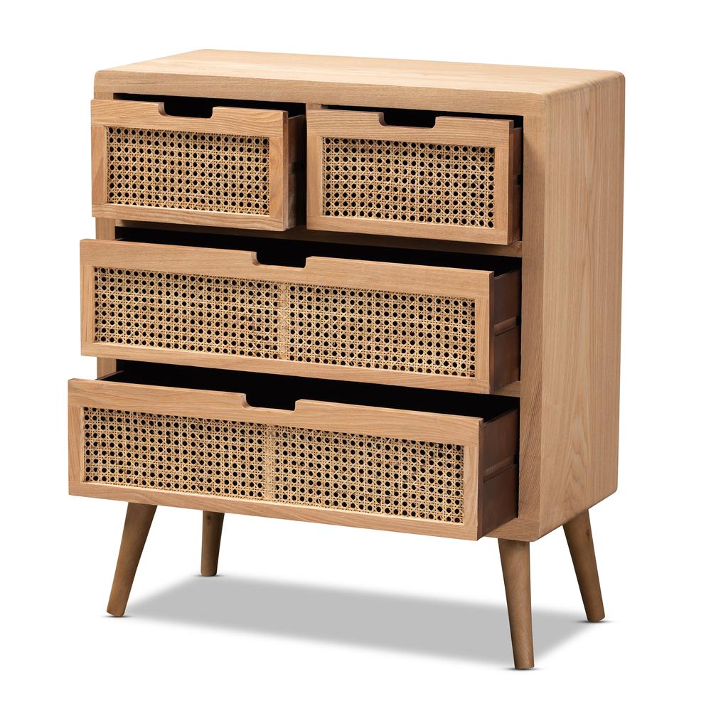 Medium Oak Finished Wood and Rattan 4-Drawer Accent Storage Cabinet. Picture 11