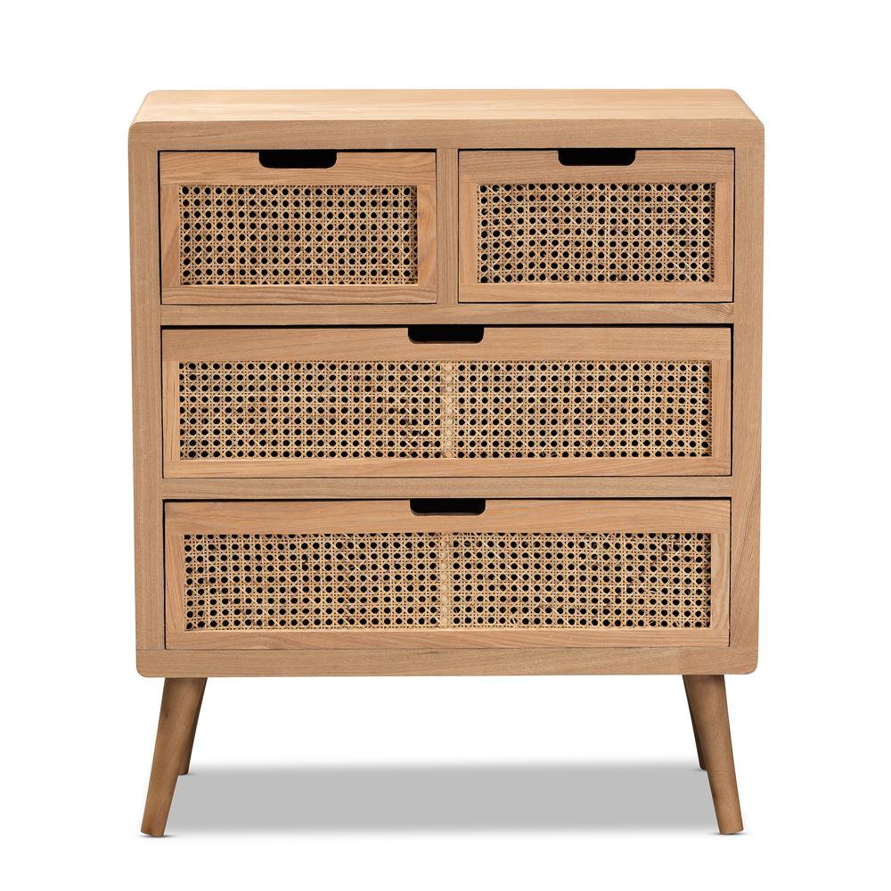 Medium Oak Finished Wood and Rattan 4-Drawer Accent Storage Cabinet. Picture 12