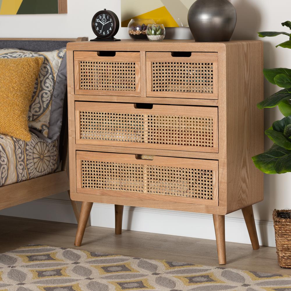 Medium Oak Finished Wood and Rattan 4-Drawer Accent Storage Cabinet. Picture 16