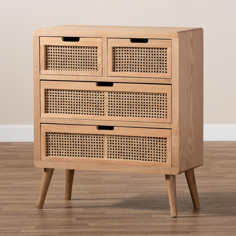 Medium Oak Finished Wood and Rattan 4-Drawer Accent Storage Cabinet. Picture 17