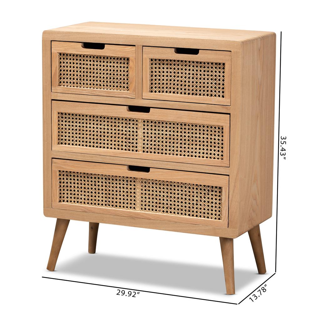 Medium Oak Finished Wood and Rattan 4-Drawer Accent Storage Cabinet. Picture 18