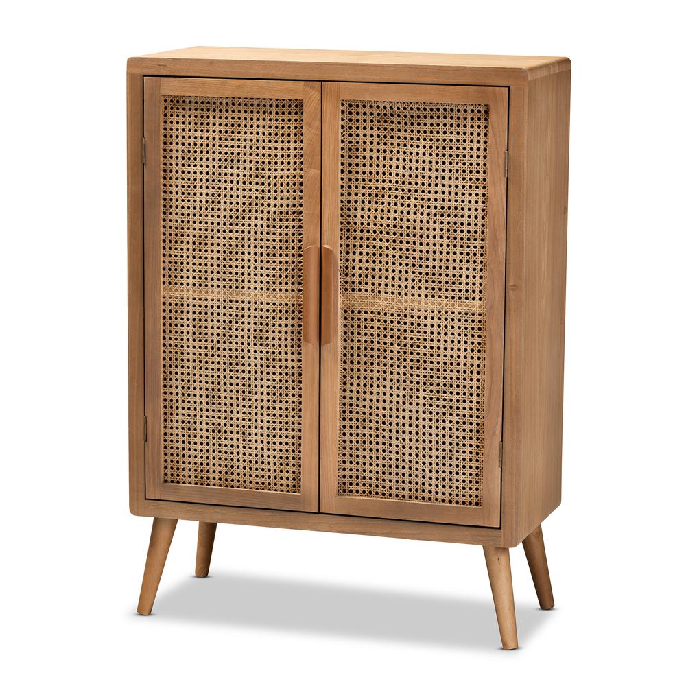 Medium Oak Finished Wood and Rattan 2-Door Accent Storage Cabinet. Picture 10