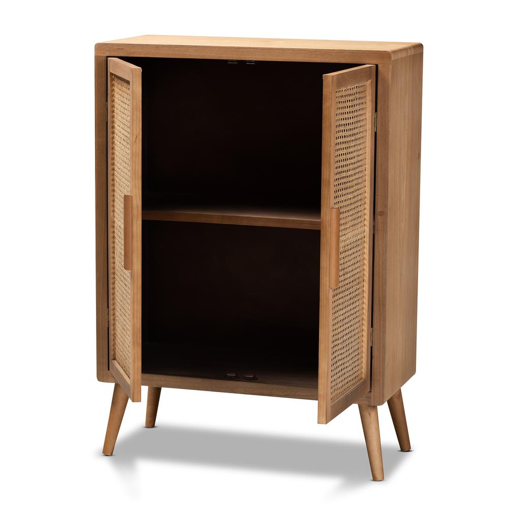Medium Oak Finished Wood and Rattan 2-Door Accent Storage Cabinet. Picture 11