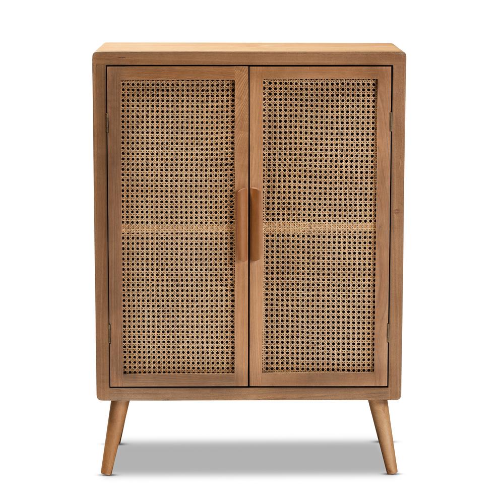 Medium Oak Finished Wood and Rattan 2-Door Accent Storage Cabinet. Picture 12