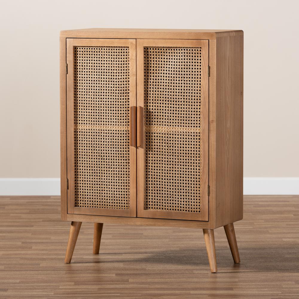 Medium Oak Finished Wood and Rattan 2-Door Accent Storage Cabinet. Picture 17