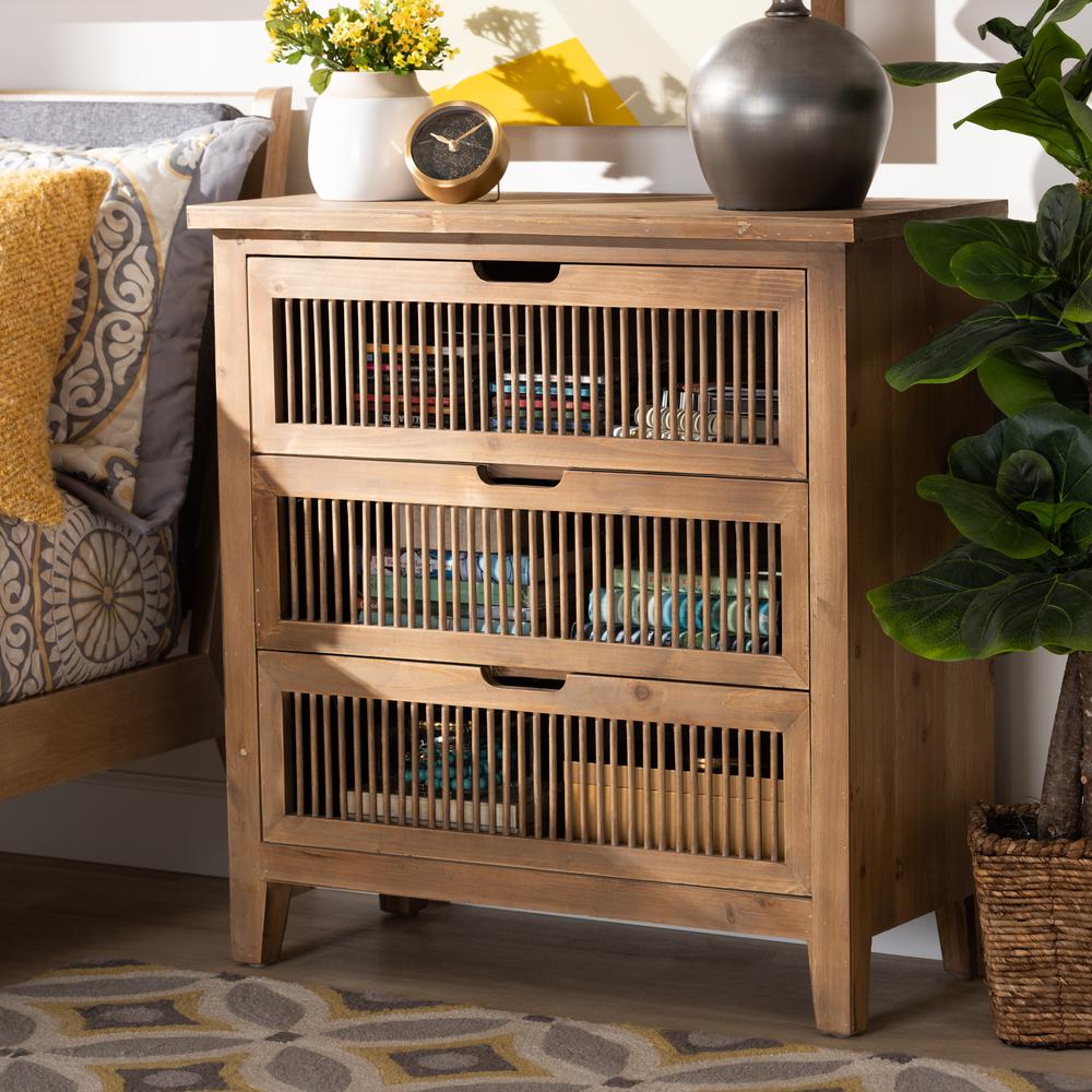 Transitional Medium Oak Finished 3-Drawer Wood Spindle Storage Cabinet. Picture 16