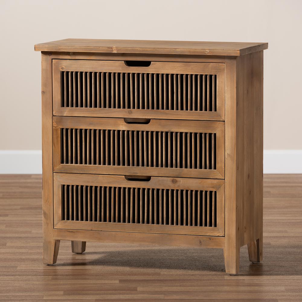 Transitional Medium Oak Finished 3-Drawer Wood Spindle Storage Cabinet. Picture 17
