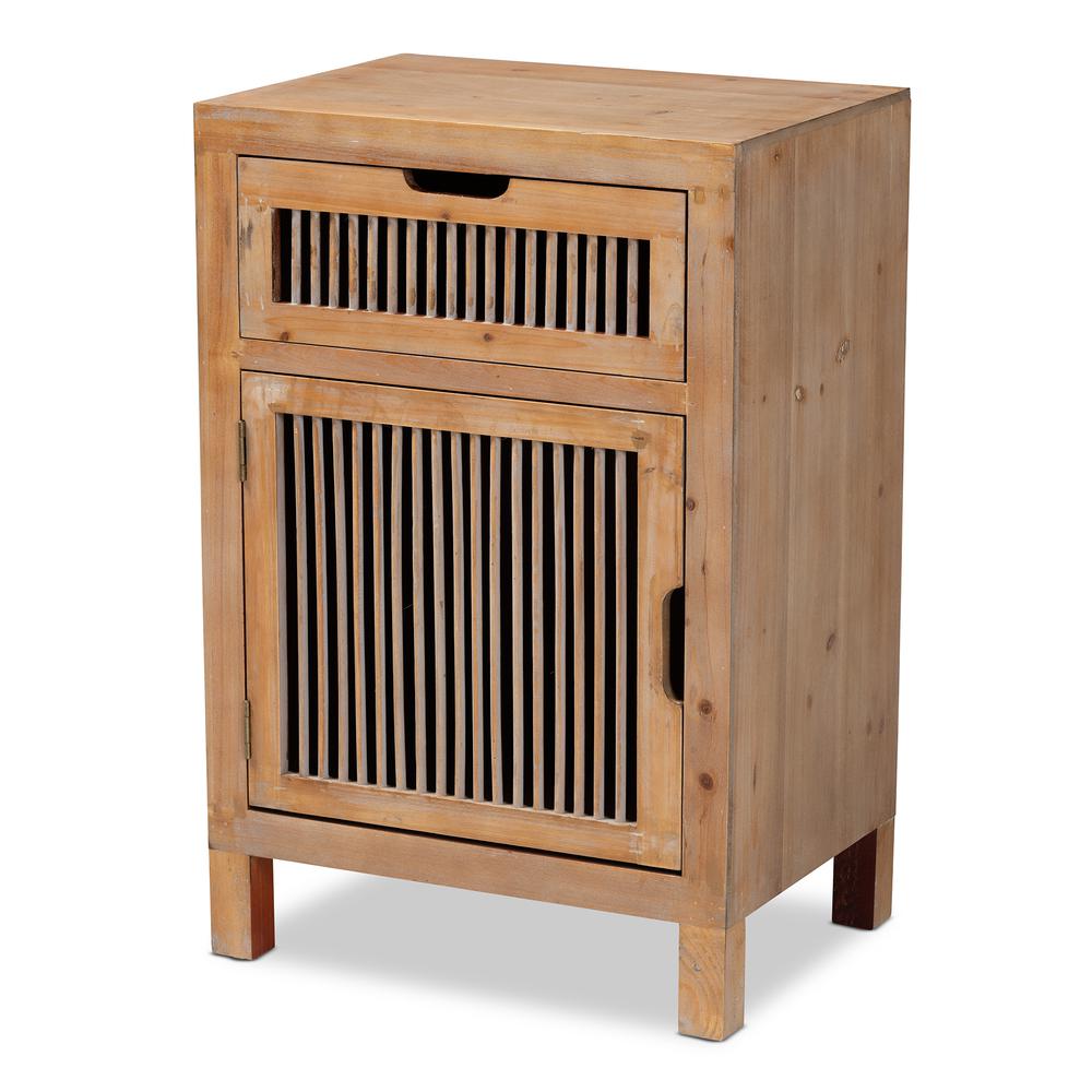 Clement Rustic Transitional Medium Oak Finished 1-Door and 1-Drawer Wood Spindle Nightstand. Picture 2