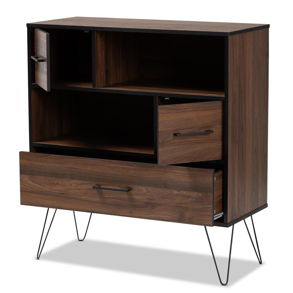 and Transitional Two-Tone Walnut Brown and Black Finished Wood 1-Drawer Bookcase. Picture 11