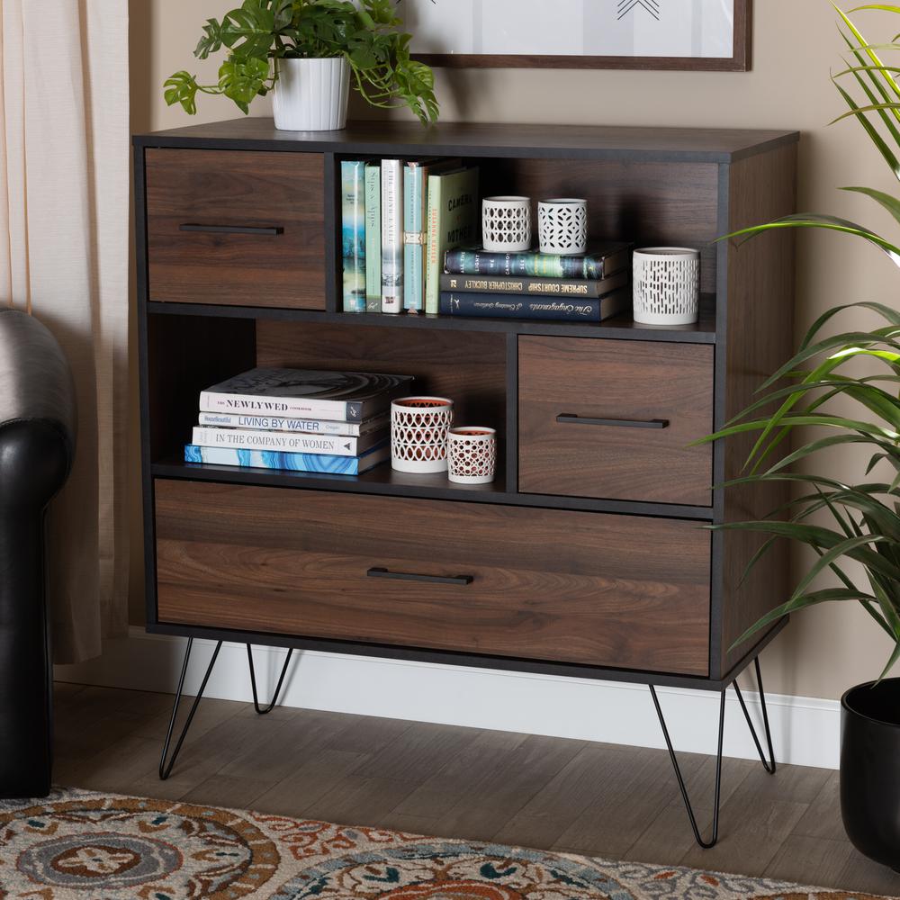 and Transitional Two-Tone Walnut Brown and Black Finished Wood 1-Drawer Bookcase. Picture 16