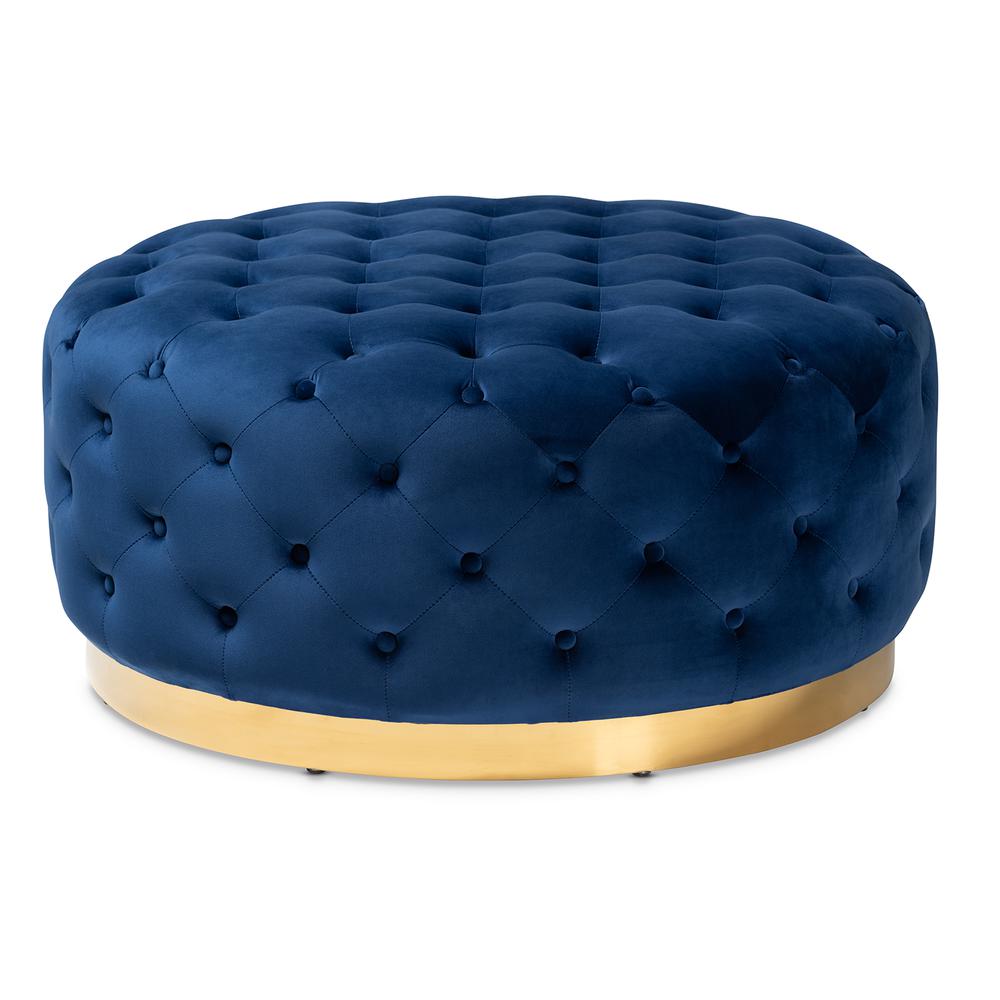 Luxe Royal Blue Velvet Fabric Upholstered Gold Finished Round Cocktail Ottoman. Picture 7